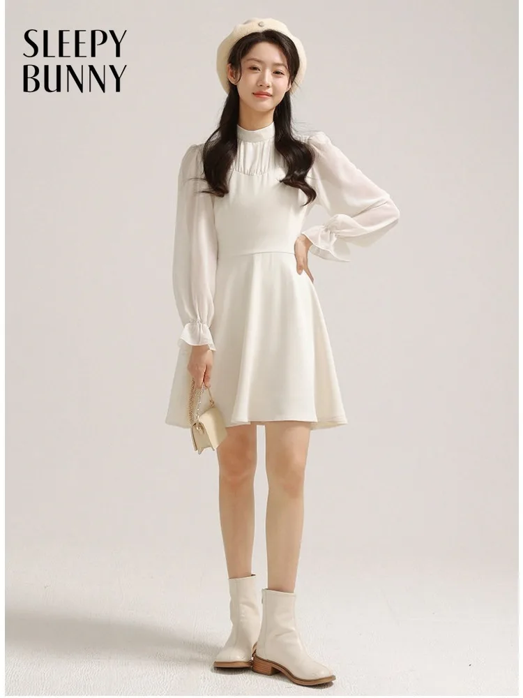 

Women Gentle High Neck Dress Elegant A Line Silhouette Slim Waist Design Early Spring Long Sleeve Lady Chic Layered Midi Dress