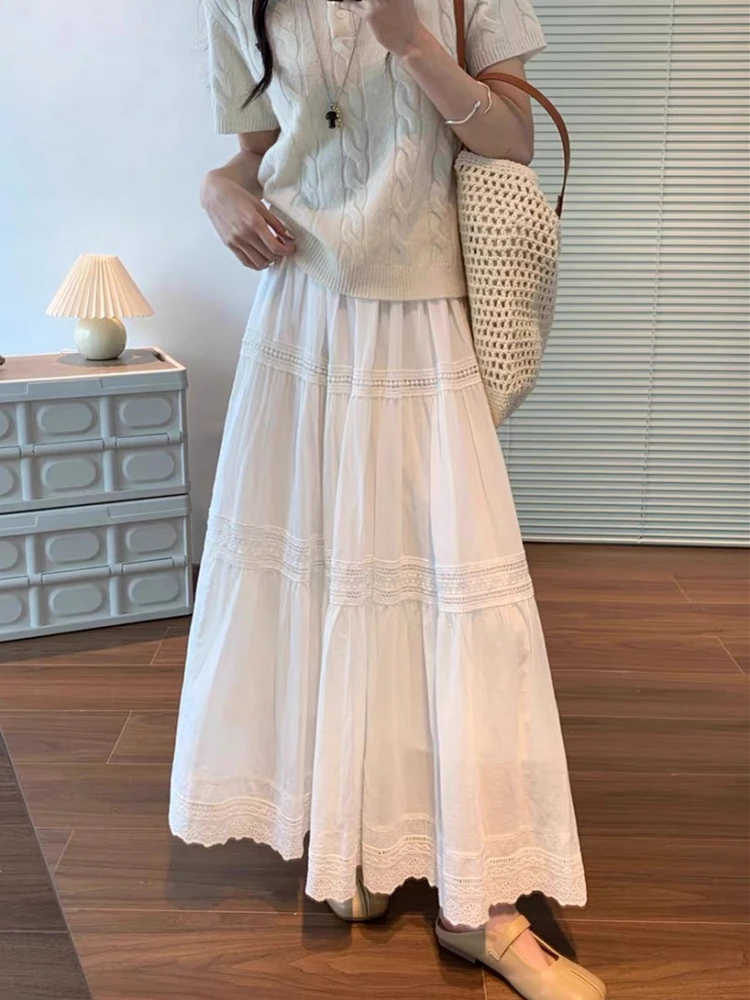 

Ele High Waist A-Line Skirt with Lace Trim Layered Sensation White Floral Print Women's Casual Versatile Skirt