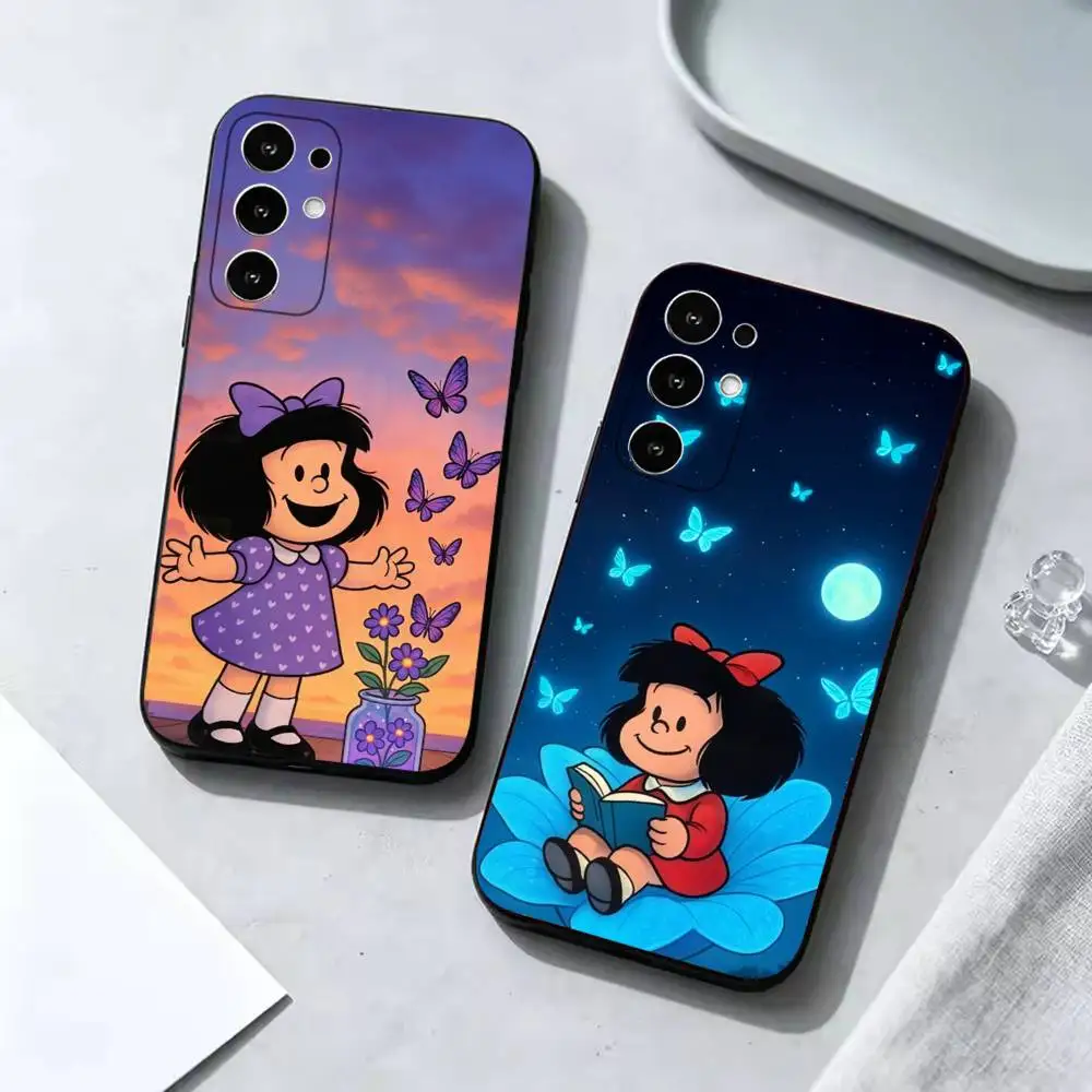 Mafalda Cartoon Fashion Black Silicone Protective Phone Cover, Suitable for Samsung S20-S26,Ultra,Plus,FE,Lite,5G