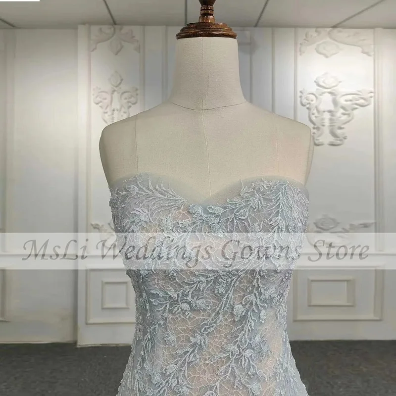 Light Blue Mermaid Wedding Dresses Lace Appliques Sleeveless Lace Up Bridal Gowns Vestido De Noiva Custom Made