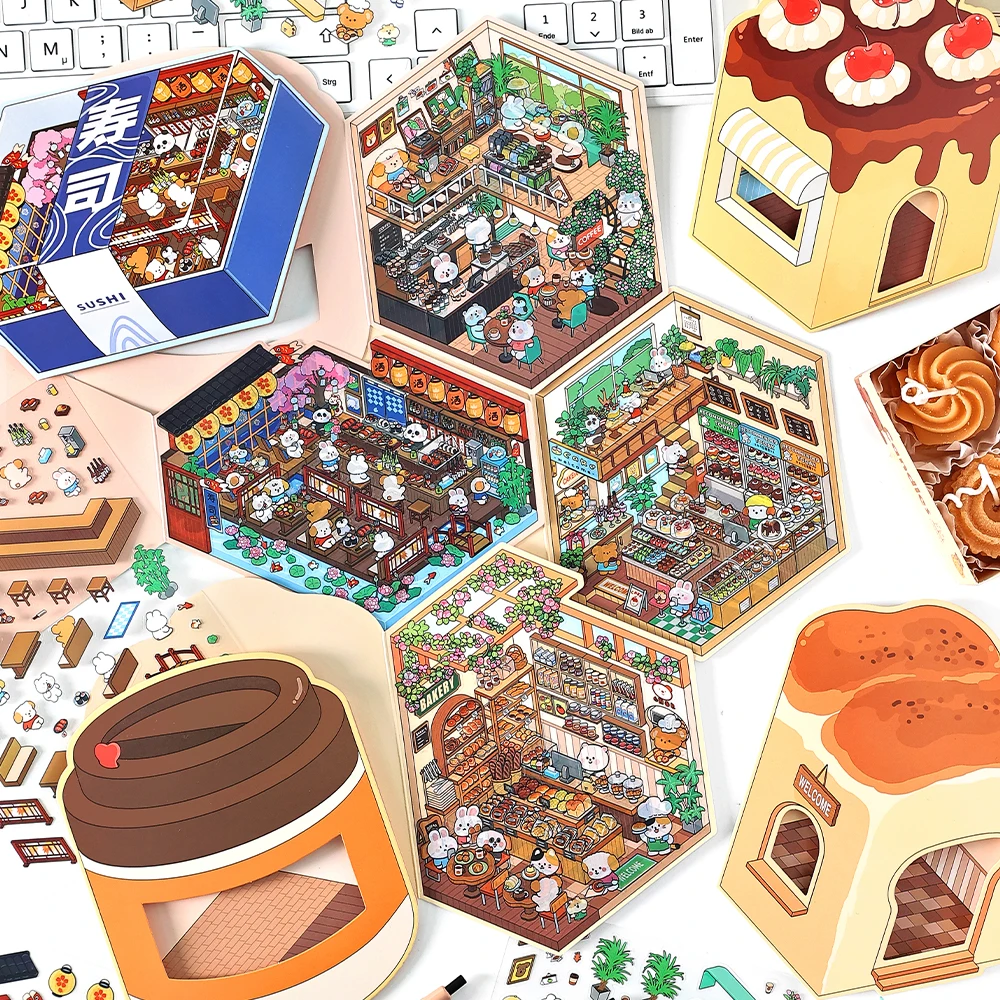 

Kawaii Coffee shop 3D Lucky Sushi Restaurant Landscape Sticker DIY Pocket Cabin Scene festival gift ﻿ ﻿