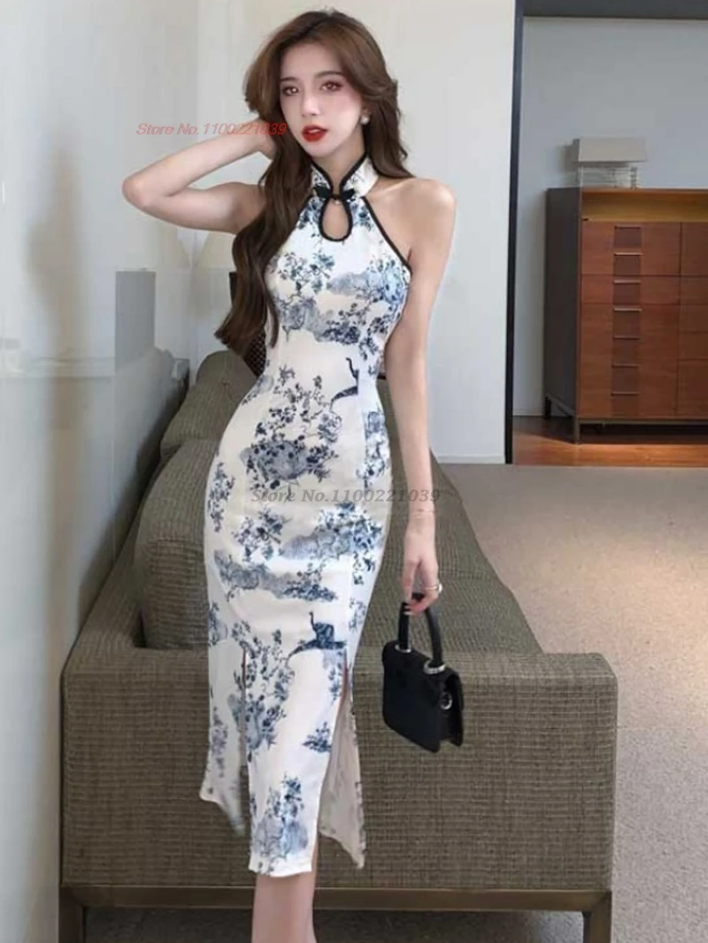 

2025 chinese sexy dress improved cheongsam traditional flower print nightclub qipao dress elegant banquet evening dress vestido