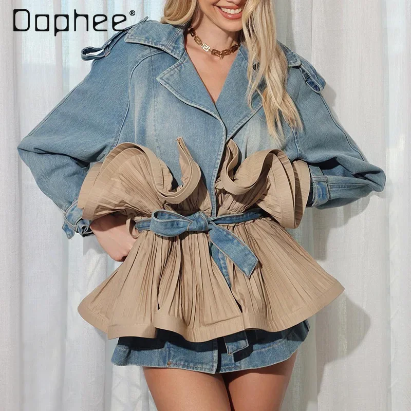 

Fashion Denim Jacket women Ruffle Patchwork Contrast Color Lace Up Lapel Long Sleeve Jeans Coats Office Lady Spring Autumn