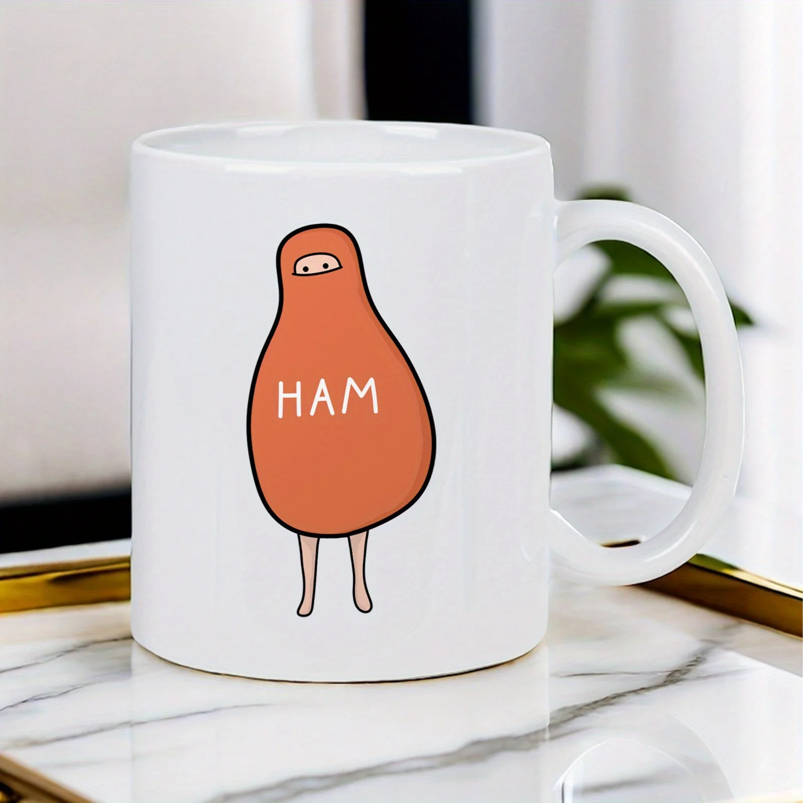 Funny Ham Design Mug - White Ceramic Cup with Cute ham character, Perfect for Coffee, Tea, Office Home Kitchen - Unique Gift for