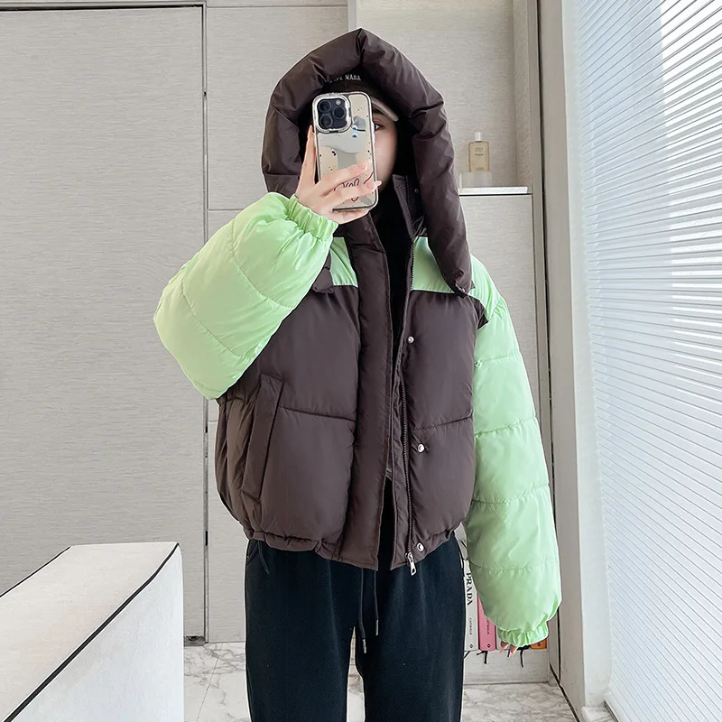 2024New Winter Vrouwen Blok Kleur Dons Katoenen Jas Korte Splicing Mode Losse Warme Jas Casual Bovenkleding Vrouwelijke Capuchon Parka