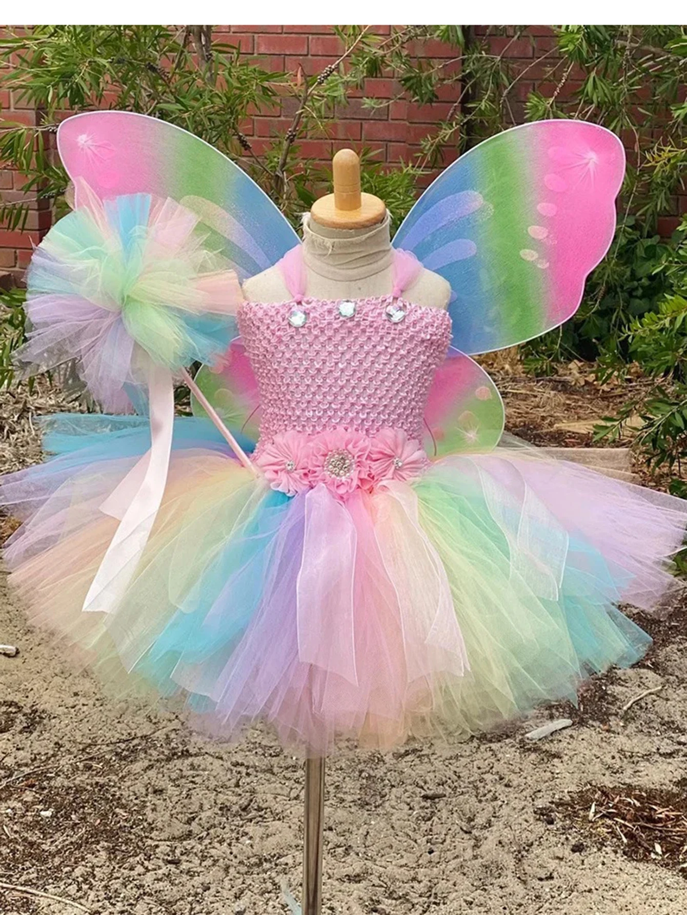 Girls Pastel Fairy Dress Kids Flower Tutu Dresses with Wing and Stick Hairbow Set Children Birthday Christmas Party Costumes