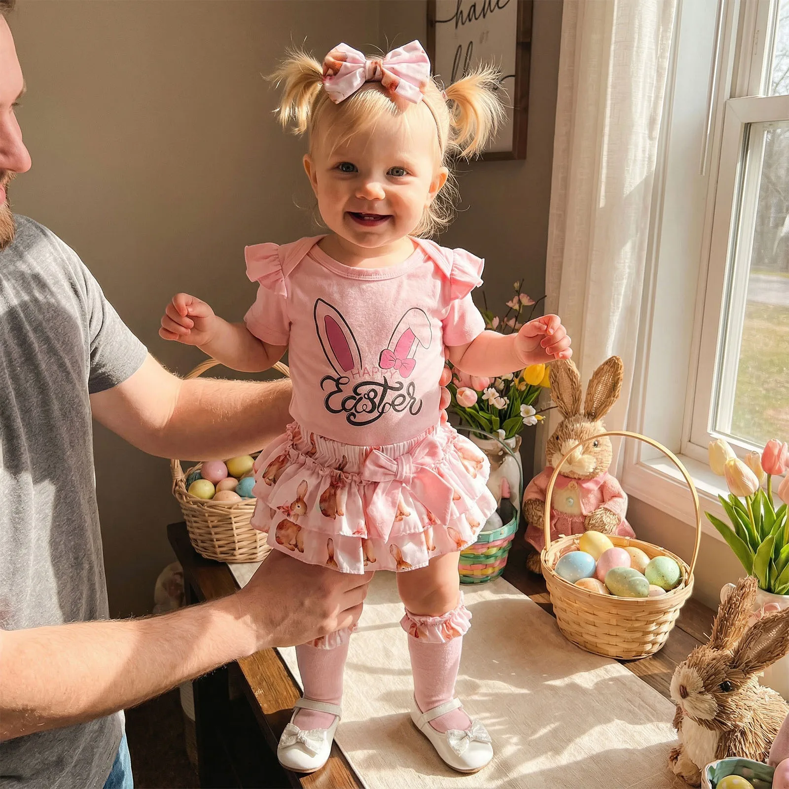Baby Girls Easter Shorts Outfits Flying Sleeve Romper Tiered PP Shorts Headband Leg Warmers Sets
