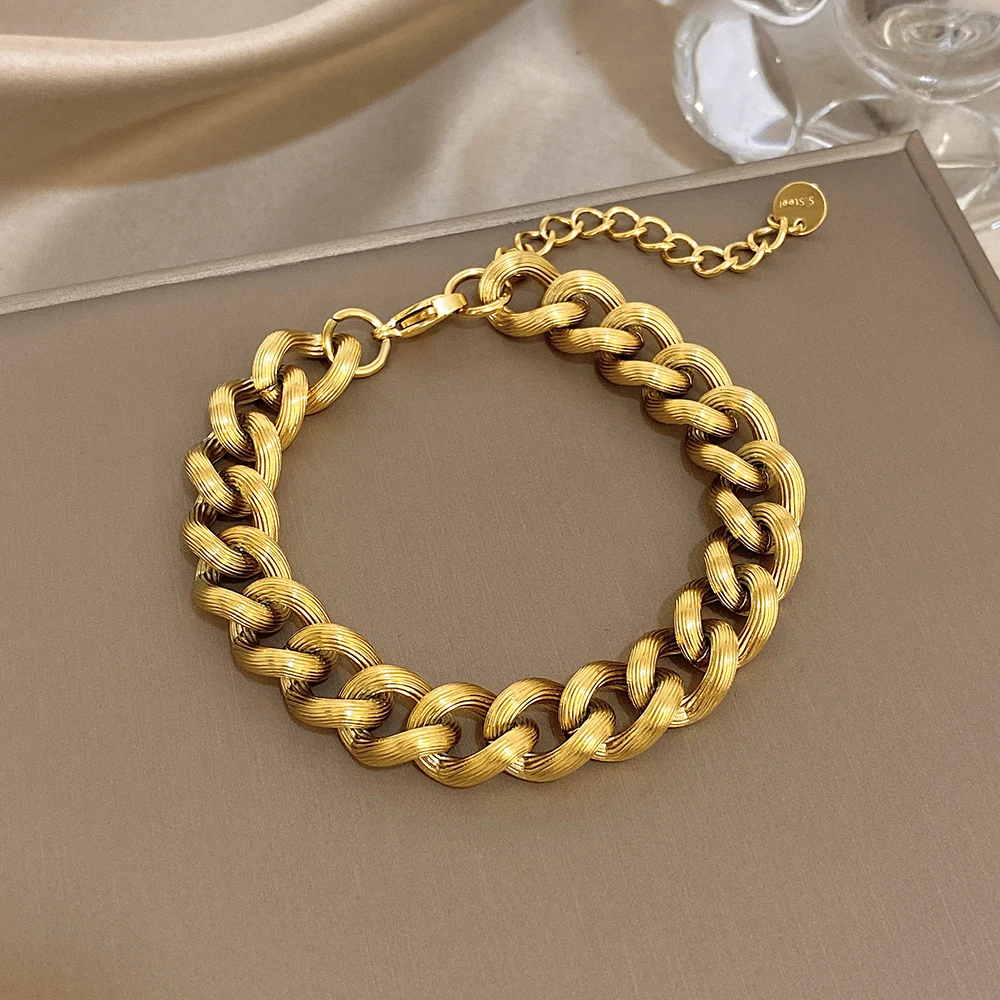 Vintage Geometric Woven Textured Thick Chain Bracelet Classic Stainless Steel Gold Plated Wrist Bracelets Waterproof Jewelry