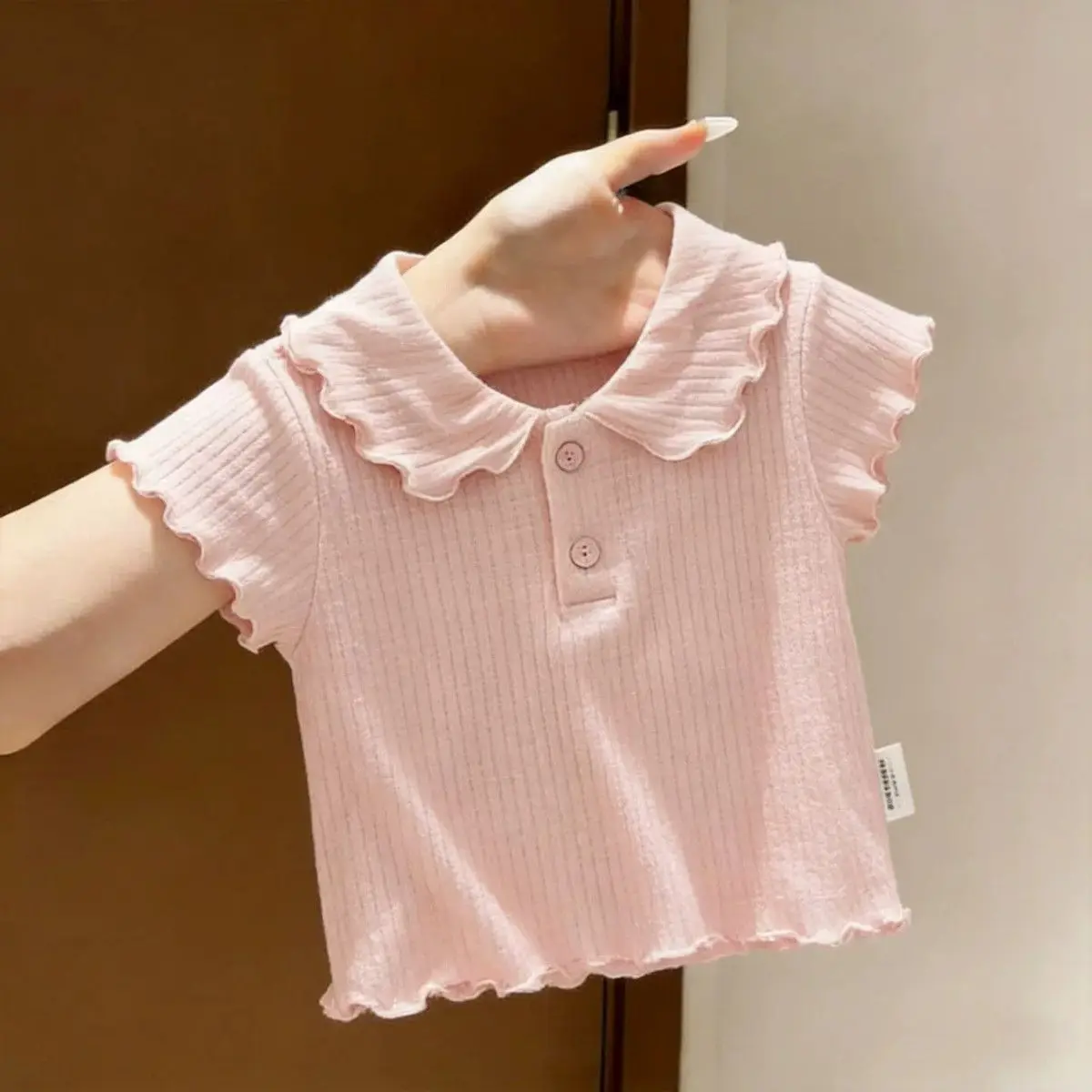 Baby summer fungus edge short-sleeved t-shirt baby girl Korean version doll collar top children's summer pure cotton