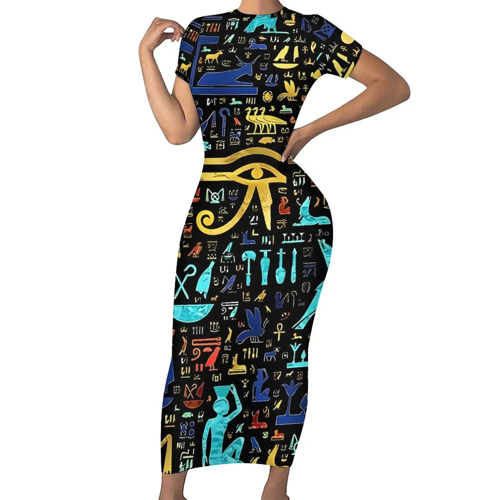 Colorful  Ancient Egyptian Art Hieroglyphic Dress Womens Street Style Bodycon Dress Summer Short Sleeve Trendy Maxi Dresses