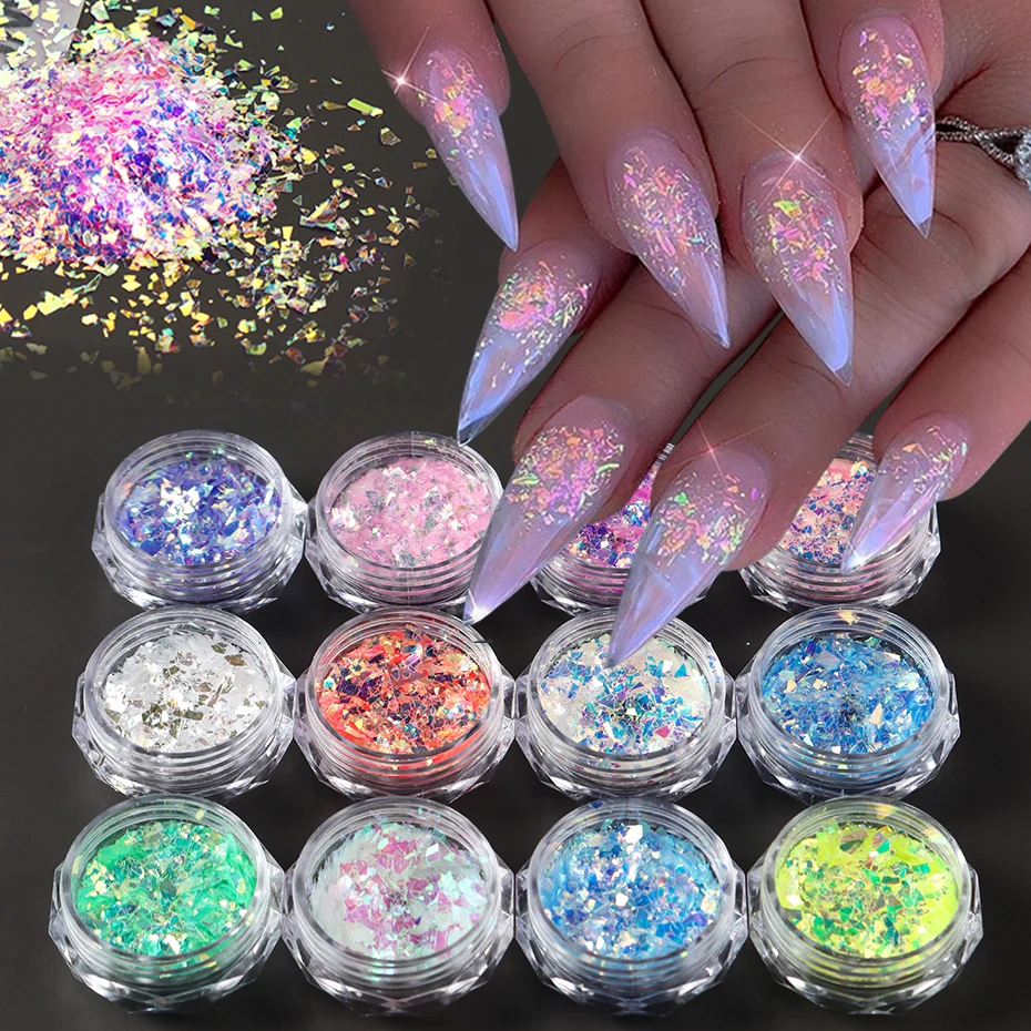 12 Colors Aurora Ice Nail Glitter Sequins Holographic Iridescent Broken Glass Ultra-thin Nail Flakes DIY Manicure Paillette