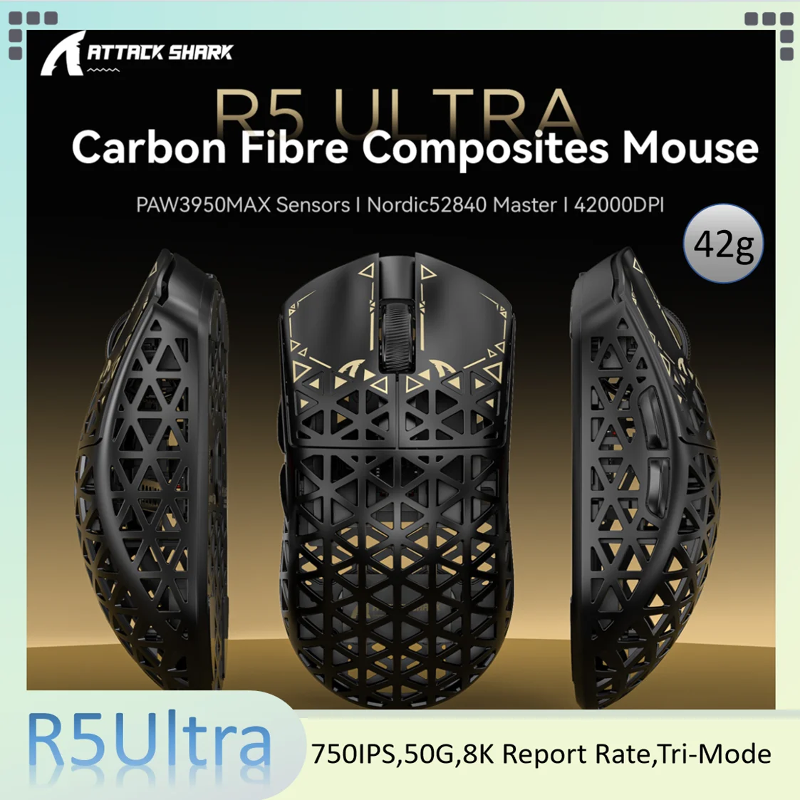 

ATTACK SHARK R5 Ultra Carbon Fiber Composites Mouse,42g Light but not airborne,PAW3950MAX Sensor,42000DPI,750IPS,50G,Tri-Mode