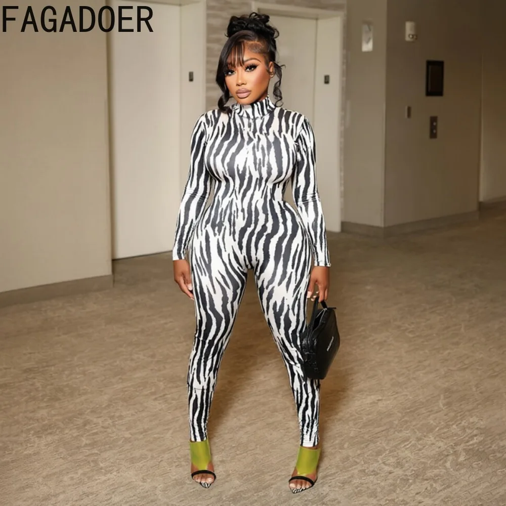 FAGADOER Women Fashion Tiger Striped Bodycon Jumpsuits Sexy Polka Dot Print High Neck Long Sleeves Back Hollow Out Rompers New