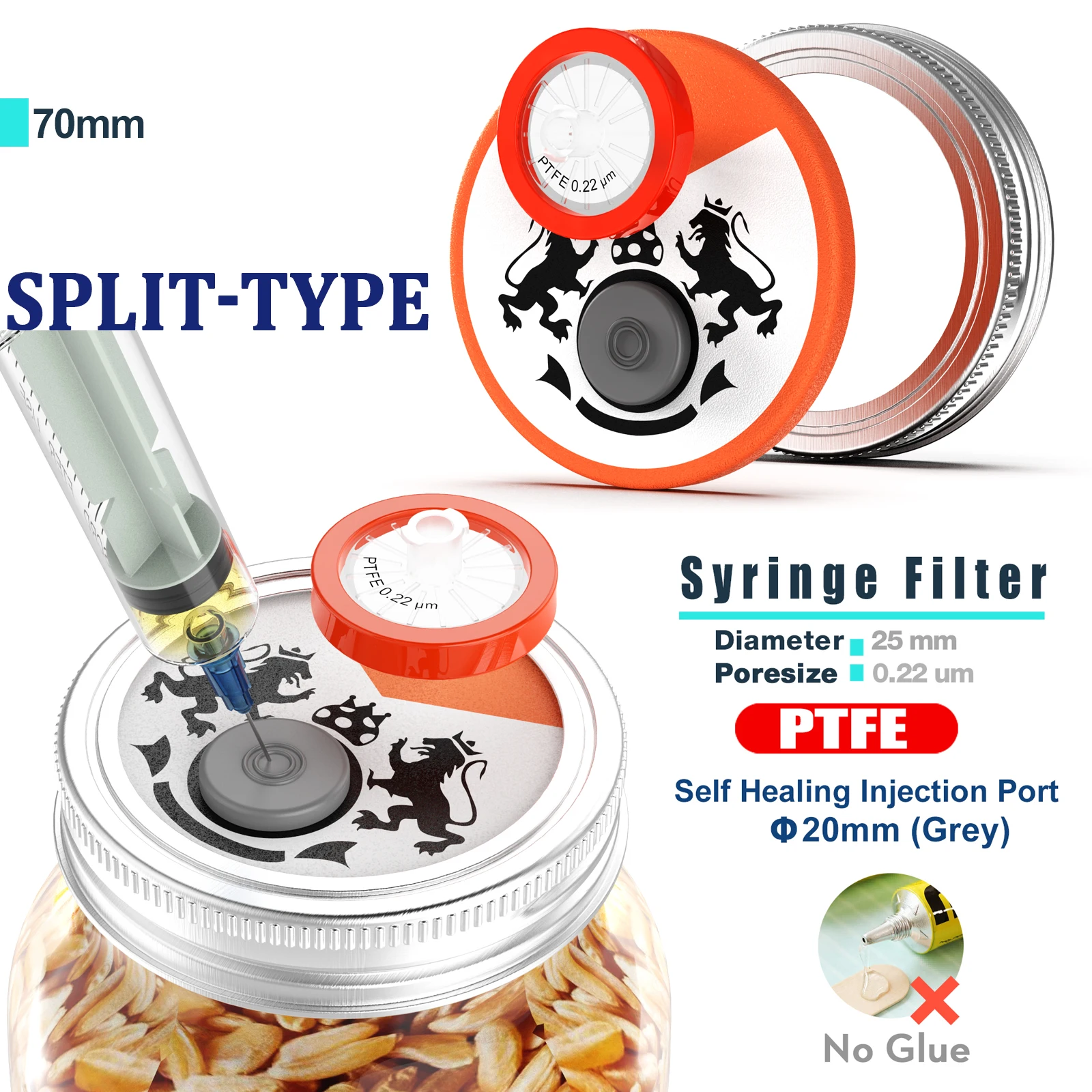 مجموعة زراعة الفطر، جرة ميسون 500 مل مع أغطية مقاومة للصدأ من النوع المنفصل، ومرشحات PTFE ومنافذ حقن ذاتية الشفاء