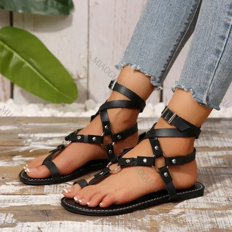 Summer Shoes Plus Size Clip Toe Women's Sandals Casual Women Rivet Buckle Strap Sandales Femmes Flat Ankle-wrap Shoes for Women image 2