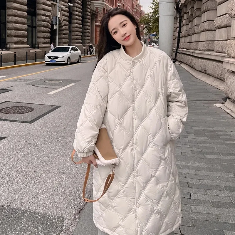 

2025 Autumn Winter New Down Cotton Jacket Women's Long Over Knee Loose Jacket Diamond Grid Quilted Jacket Fake Two-Piece Parka