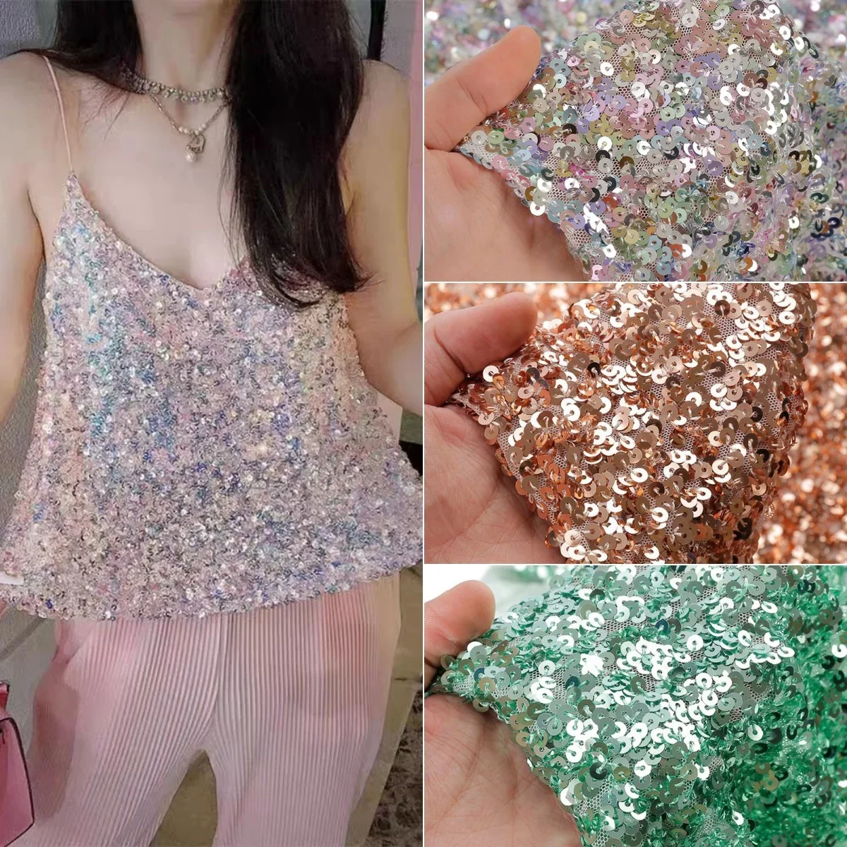 光沢のある暗号化5mmスパンコール弾性メッシュビーズ生地縫製ウェディングドレスイブニングガウンステージ衣装生地白紫黒