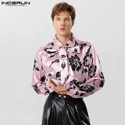 INCERUN-camisa con solapa de satén para hombre, ropa de calle de manga larga con cordones, informal, a la moda, S-5XL, otoño, 2023