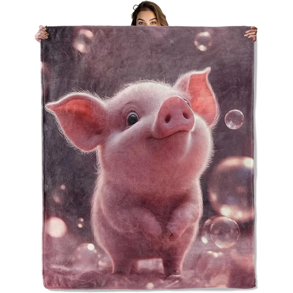 Cute Pink Pig Plush Flannel Blanket Inches - Soft Pink with Big Eyes & floppy ears, All-Season Cozy Throw for Bed, Sofa,