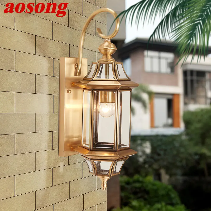 

AOSONG Contemporary Outdoor Brass Wall Lamp IP 65 Creative Design LED Copper Sconce Light Decor for Home Balcony