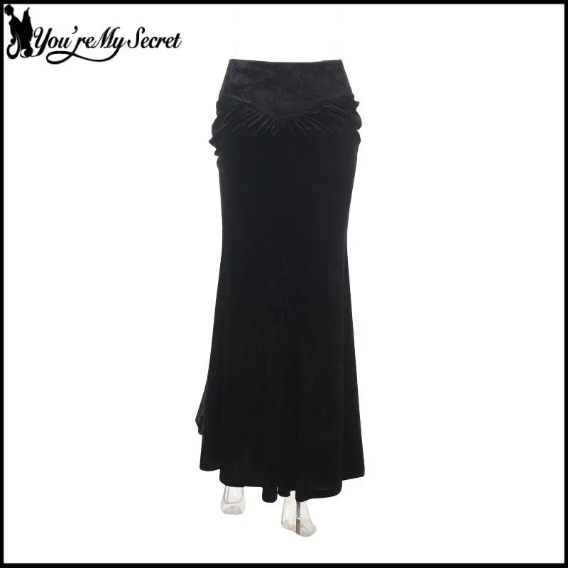 [You're My Secret] Gothic Velvet Mermaid Long Skirt Black Lace Ruffle High Waist Fishtail Skirt Halloween Witch Party Outfits - view 4