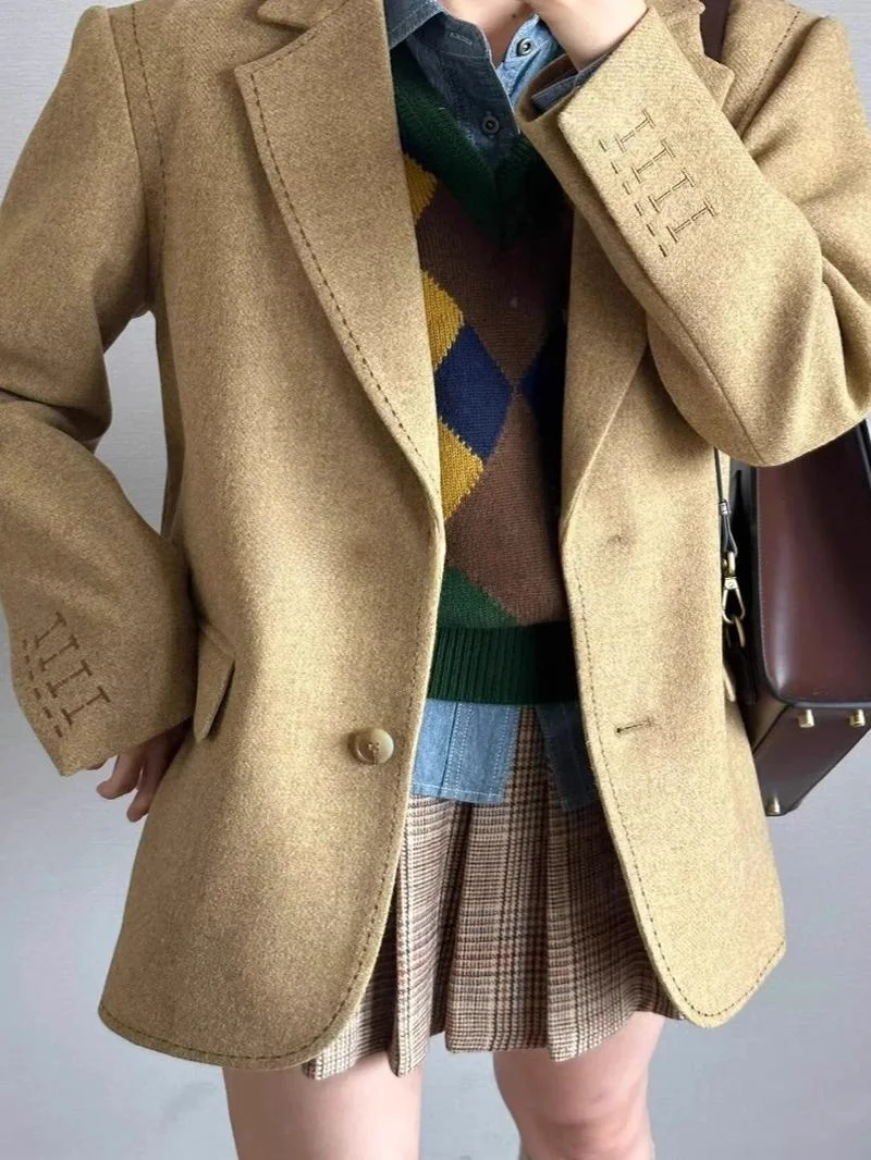 

Elegant Woolen Suit Jacket for Women Rouje Kefss2024 Commute Style Long Sleeve Formal Coat Shape Sandal Shape Pear Shape