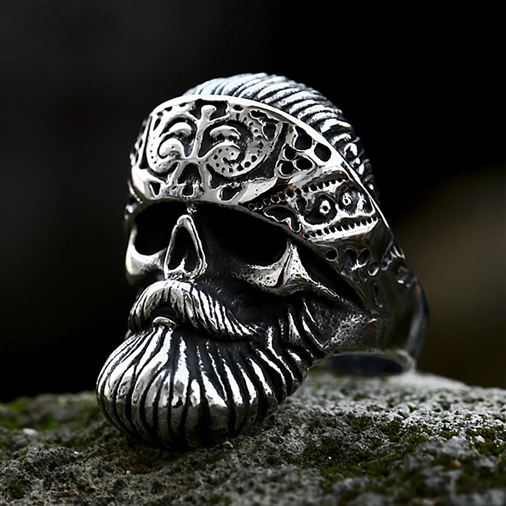 Retro Big Beard Wear Hat Skull Rings For Men Stainless Steel Cool Punk Skull Biker Skull Ring Fashion Jewerly Gift Dropshipping