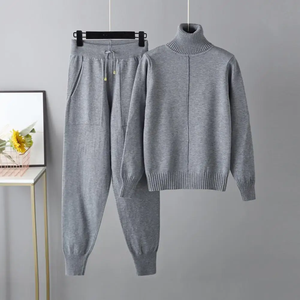 Two Piece Cashmere Autumn Winter Women Turtleneck Wool Sweater Suits Fashion Knitted Loose Pant Tracksuit Lady Warm Set