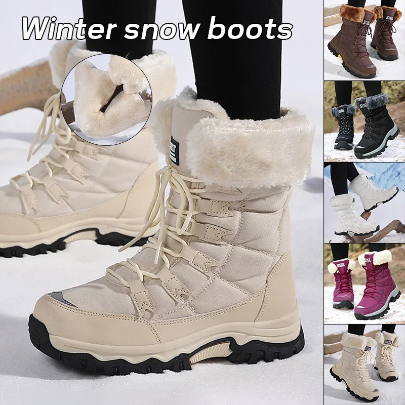 

Women Snow Boots Warm Fur Winter Mid-Calf Boots Plush Lined Waterproof Non-Slip Hiking Boots Women Winter Shoes Size 43