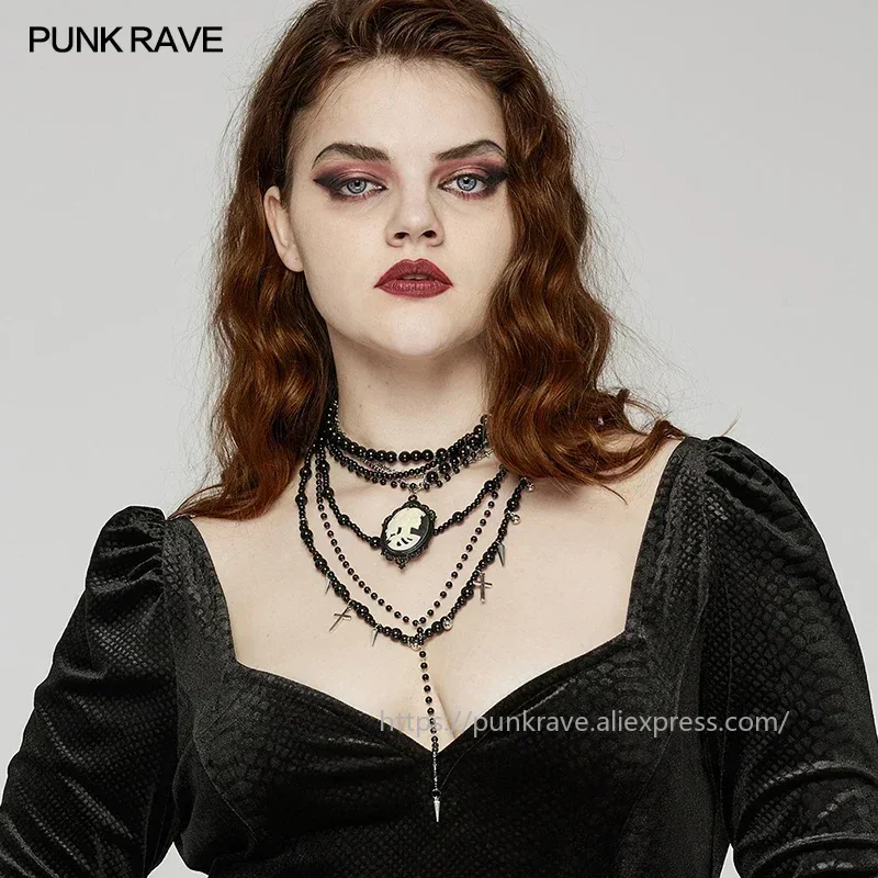 PUNK RAVE Women's Goth Skull Cameo Pendants Cross Multi Layers Necklace Exquisite Glass Bead Chains Party Club Accessories