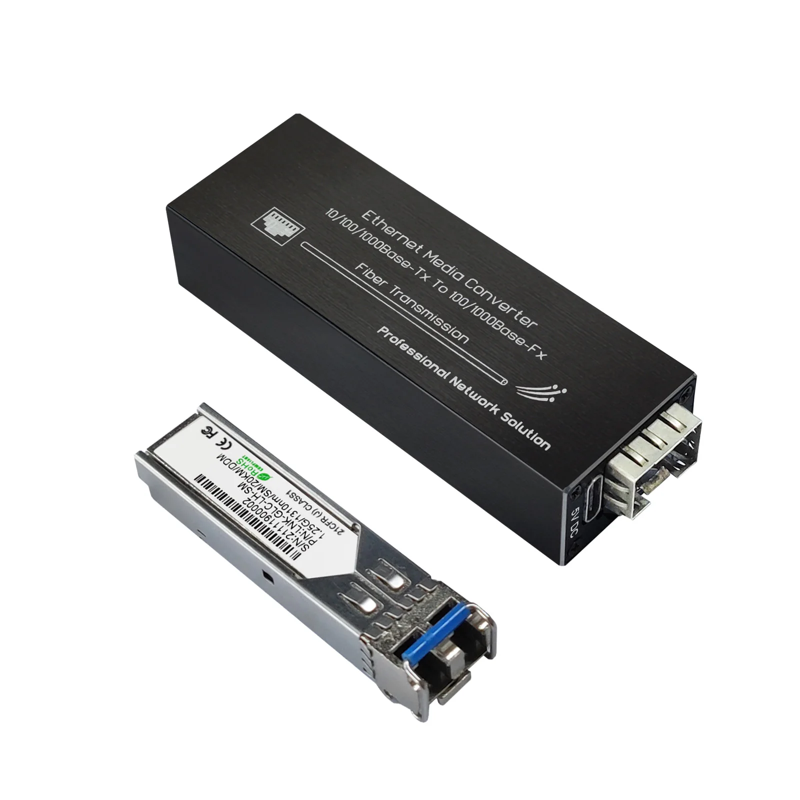 Mini Gigabit Fiber Media Converter 10/100/1000Mbps Ethernet พร้อม 1310nm โหมดเดี่ยว 20km โมดูล SFP และ USB Type-C Power Input