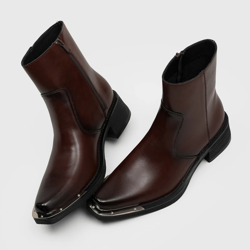 Retro Men High Top Boots New Rivet Wizard Boots Pointed Side Zipper Metal Toe Thick High-heeled Boots