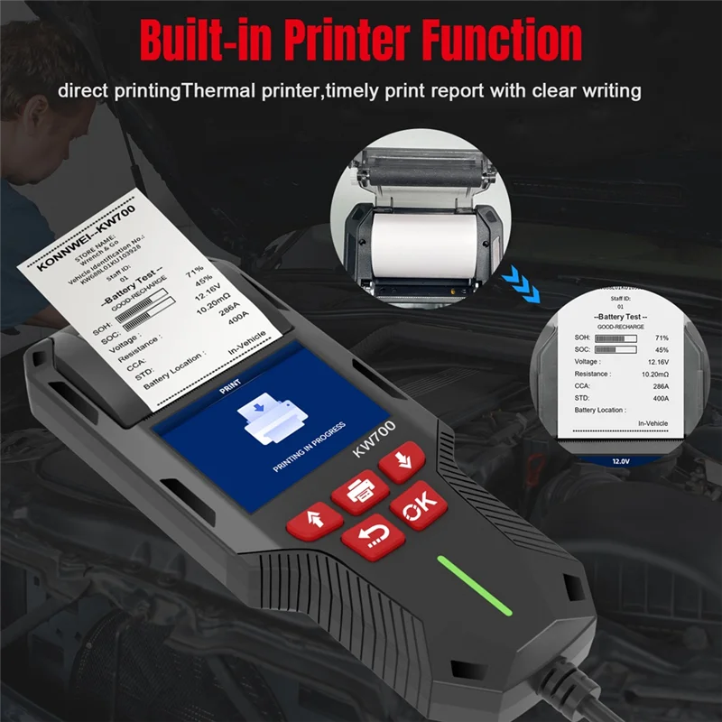 

KONNWEI Battery Test Diagnostic Tool KW700 12V 24V Battery Tester 10-2000CCA With Printer Cranking Charging Test Tools