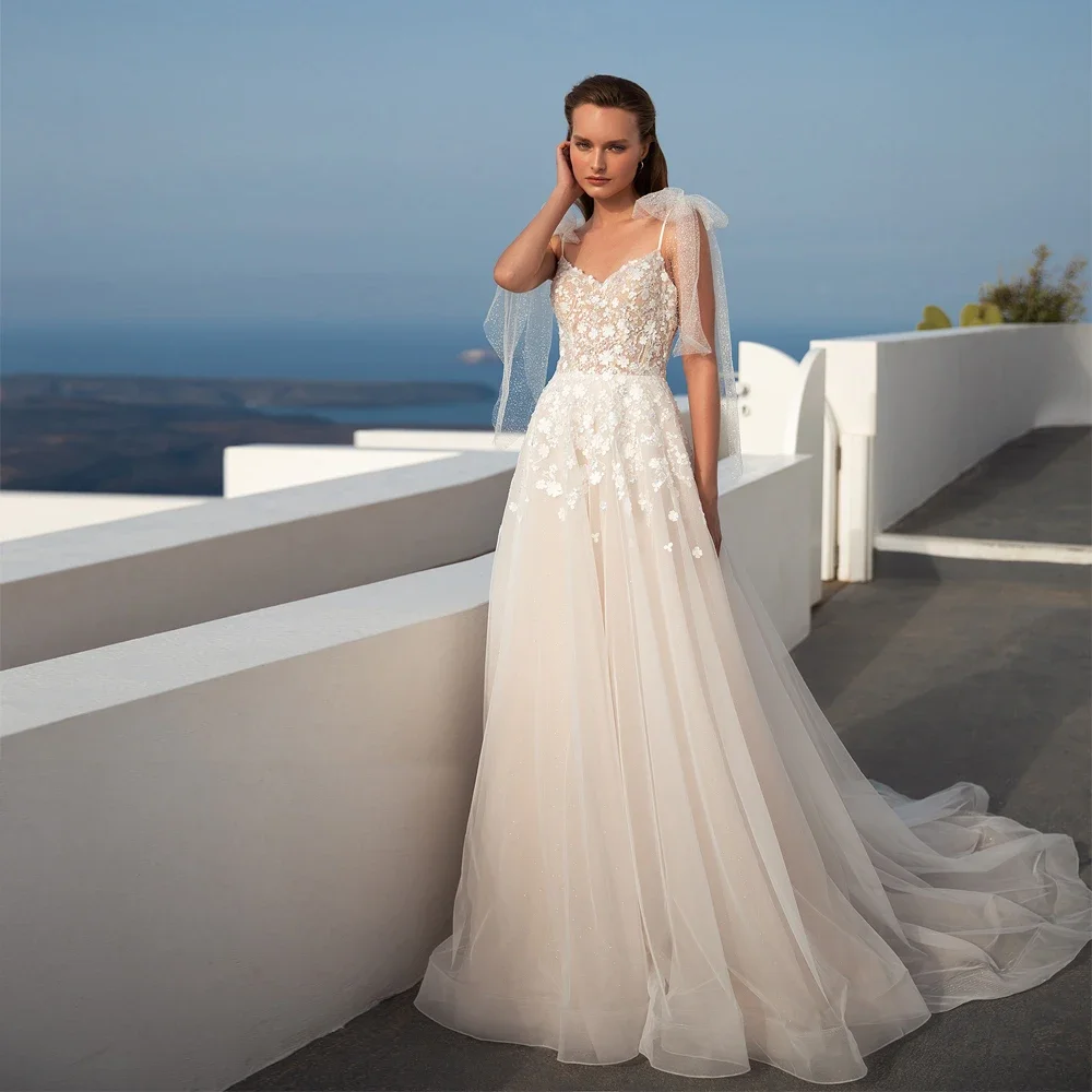 Sexy A-Line Wedding Dresses Spaghetti Strap Sweetheart Neck Bridal Growns Applique Floral Customized Illusion Vestidos De Novia