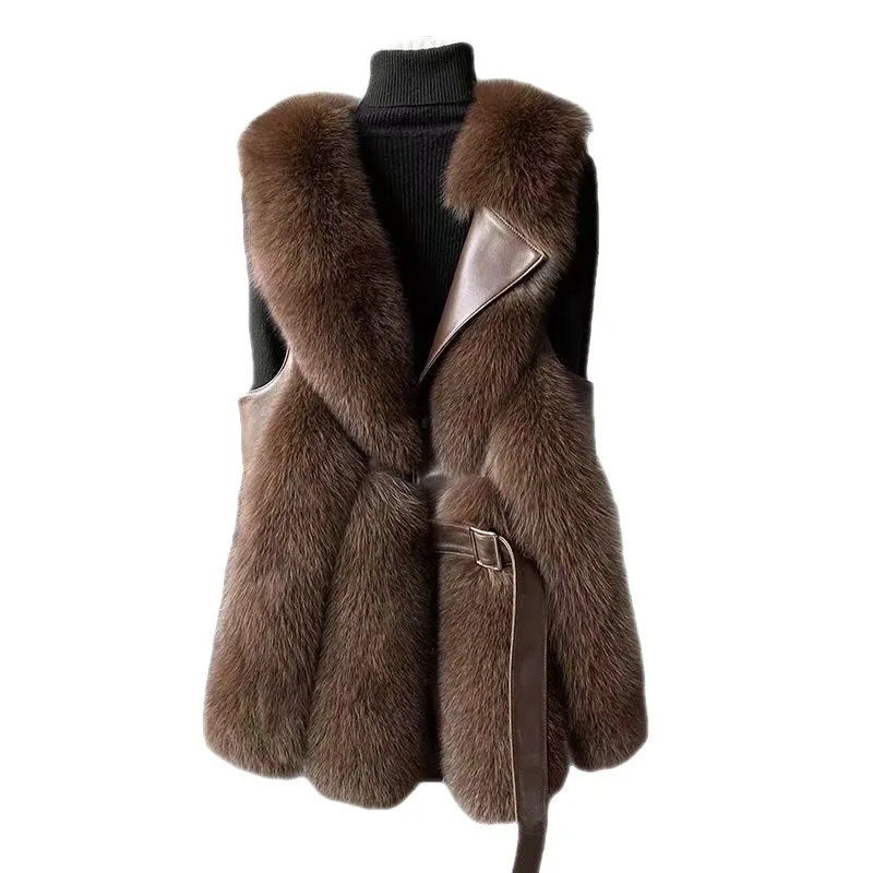 Fox Fur Vest Coat Womens Faux Fur Waistcoat Fashion Slim Fur Jacket Chic Sleeveless Faux Fox Fur Vests with Belt Jacket