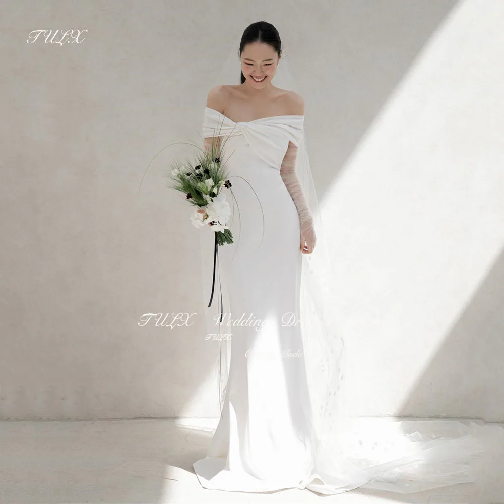 

TULX Elegant Mermaid Long Satin Korea Wedding Photo Shoot Dress Off Shoulder Pleat Bridal Gowns Custom Made Corset Back 웨딩드레스