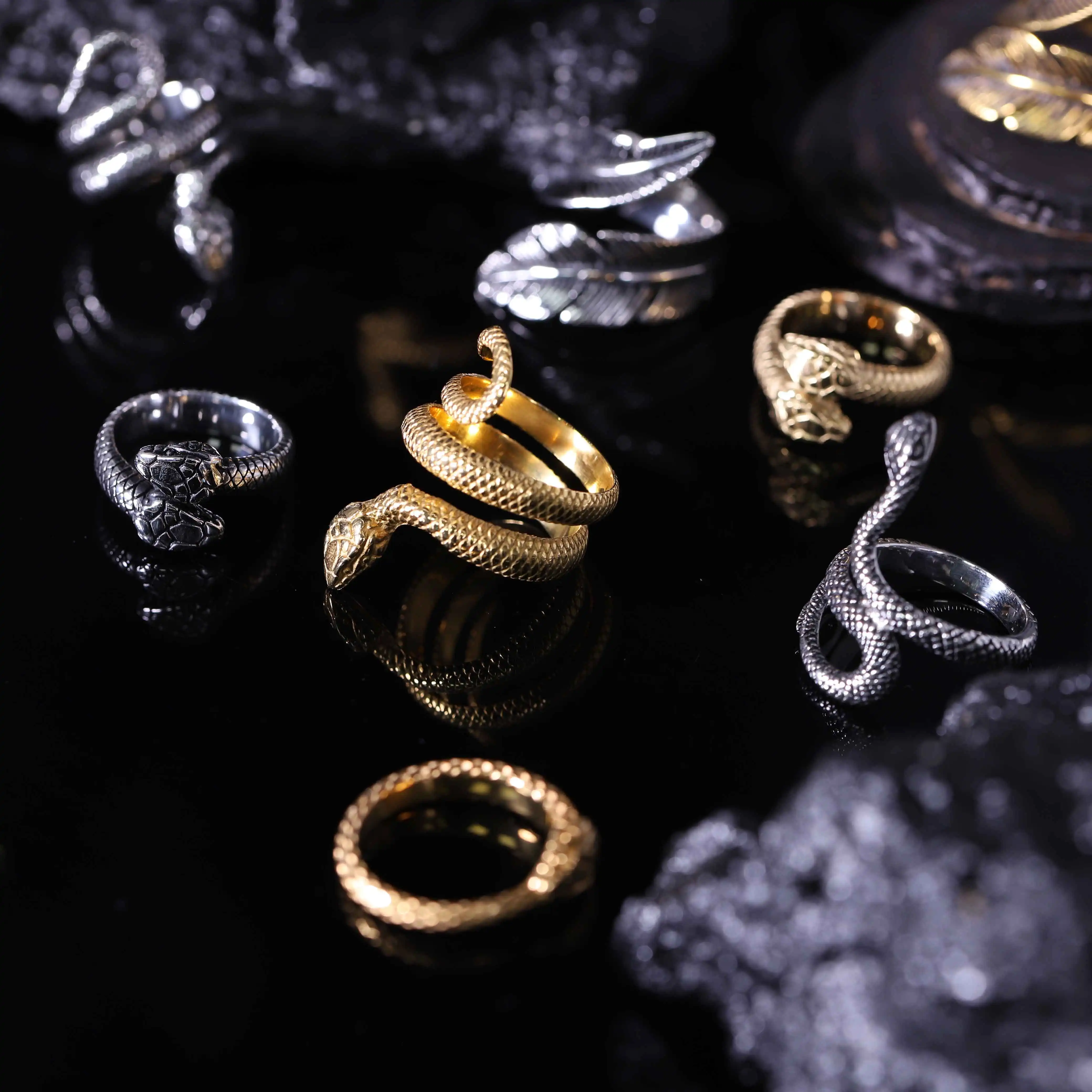 WDM Gothic Vintage Stainless Steel Snake Ring Black Silver 14k Gold Feather Steampunk Viking Adjustable Open Rings