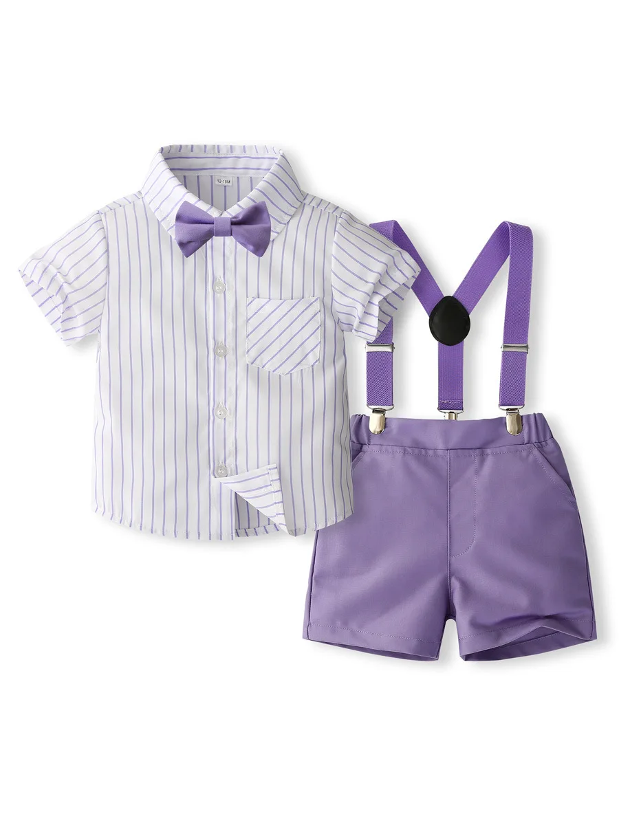 

Summer Boys Clothes Set Gentle Outfits Short Sleeve Striped T-shirt with Bow Purple Shorts With Suspender Kids Clothing