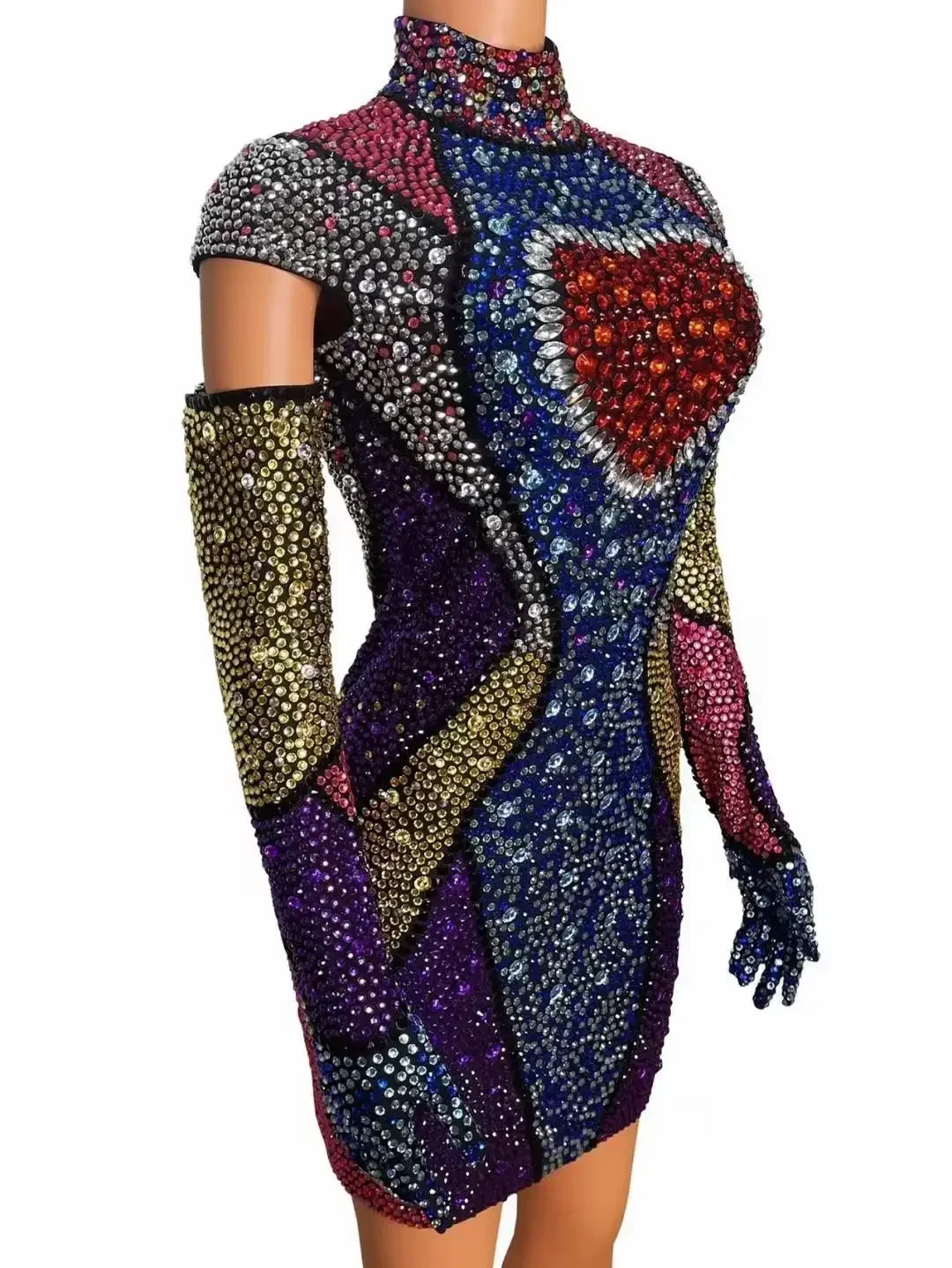 Strassjurk Dames Verjaardagsfeestje Drag Queen Outfit Met Handschoenen Korte Lengte Jurken Hoge Hals Glanzende Stadiumkleding