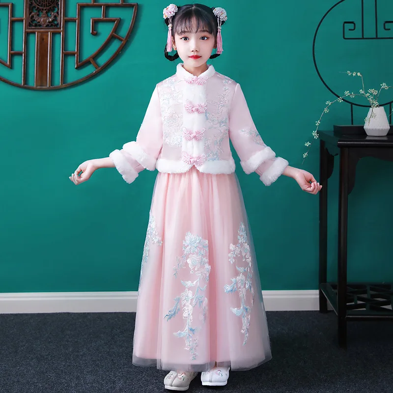 

Winte New Years Dress Girls Cotton Linen Tang Suit Kids Chinese Lovely Ancient Hanfu Children Cotton-padded Clothes