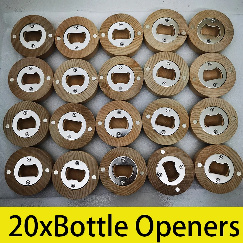 

20Pcs Blank Wooden Beer Openers DIY Round Shape Bottle Opener Coaster Fridge Magnet Decoration