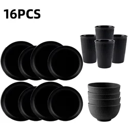 4/16 Stuks Zwart Tarwestro Bestek Set Schalen Schalen Disk Water Cup Serviesgoed Set Onbreekbaar Herbruikbaar Keuken Servies