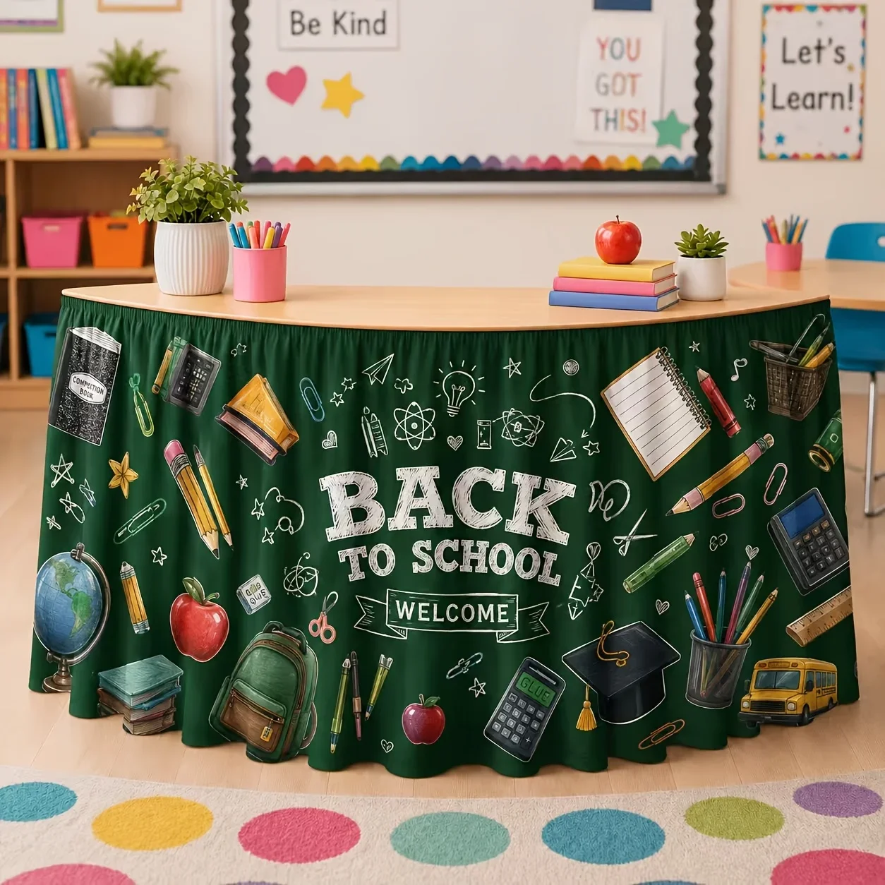 Cartoon school supplies patterned table skirt for back-to-school welcome events and classroom-themed party decorations