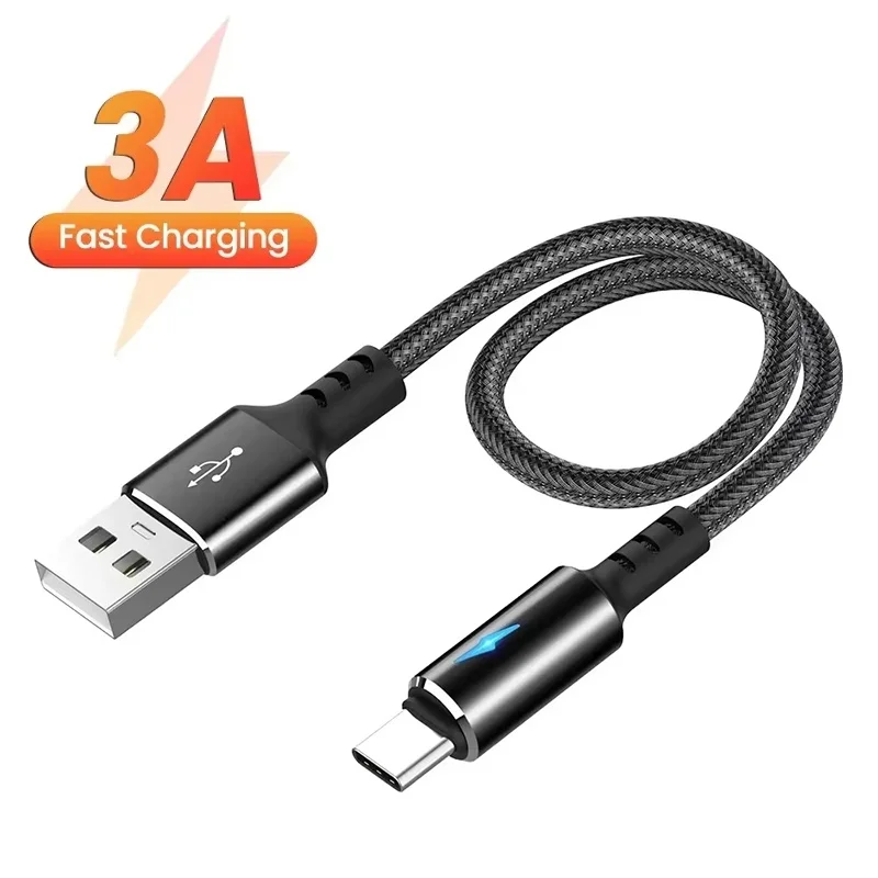 25cm Short Nylon Charger Data Cable USB A To Type C/Micro USB 3A Fast Charging For Power Bank Mobile Phone Charging Accessories