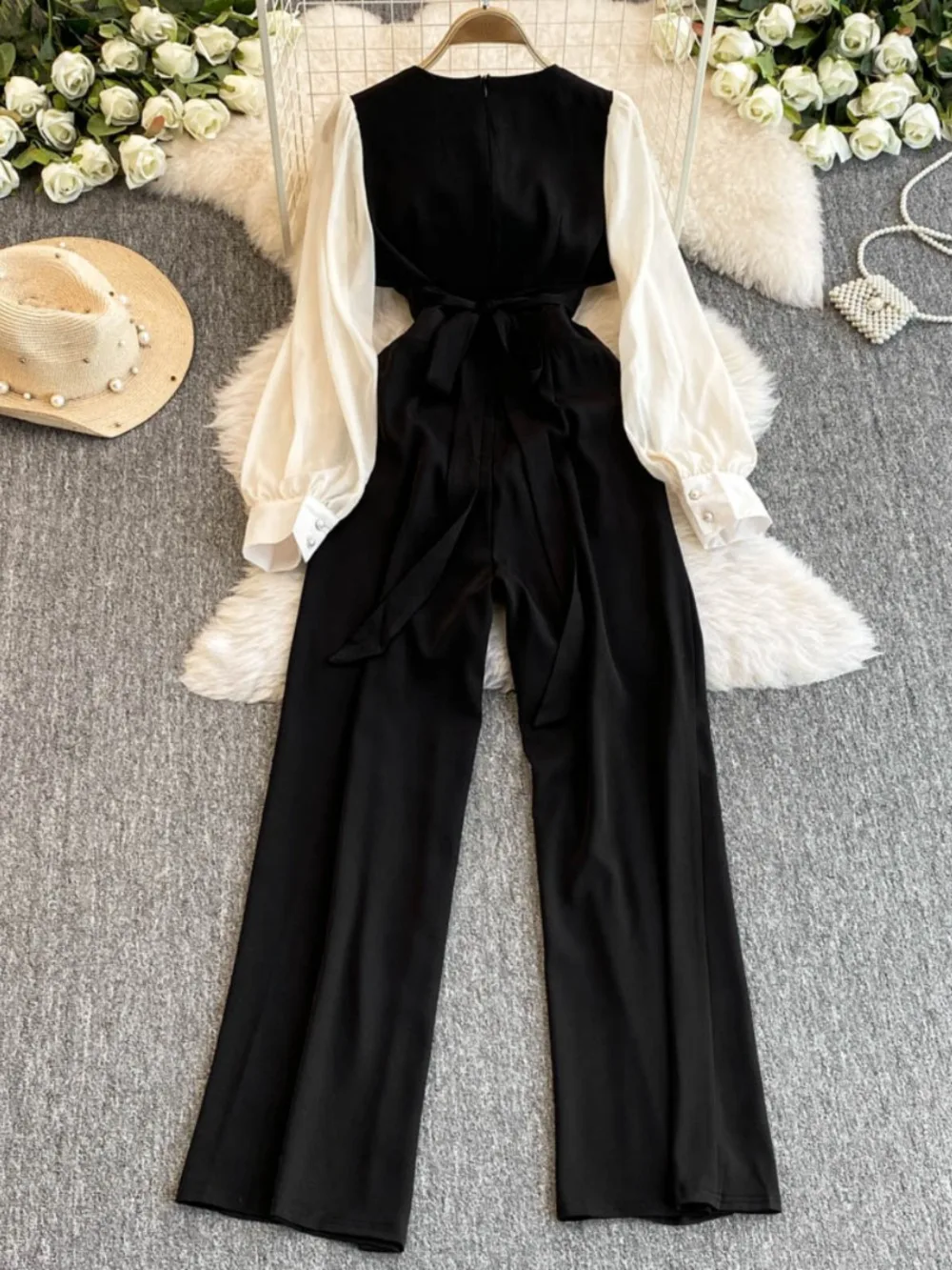 Neploe Moda Slim V Neck Ruffles High Waist Bodysuit Commuter Luxury Wid Leg Pants Straight Streetwear Minority Elegant Jumpsuit