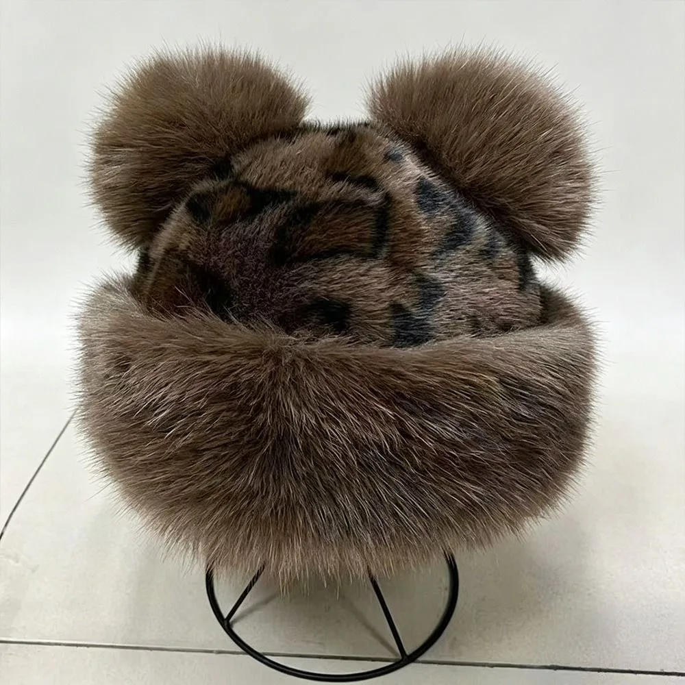 New With Ear Lovely Women's Cap Leopard Print 6 Colors Women's Winter Hat Warm Fluffy Faux Fur Bucket Hat