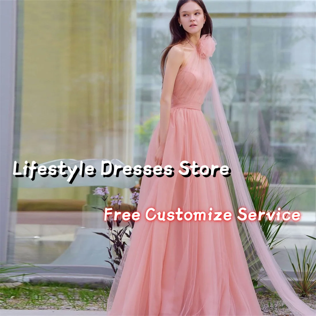 

Halter Flower Tulle Pleat Prom Dresses Floor-Length A-line Gorgeous Evening Dresses Party Gown vestidos para eventos especiales