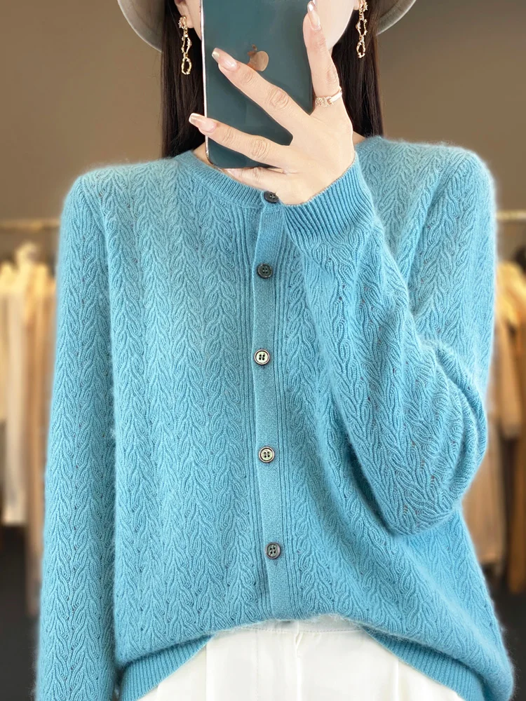 ADDONEE Spring Women O-neck Hollow Out Cardigan Sweater Grace Basic Long Sleeve Coat 100% Merino Wool Knitwear Korean Popular