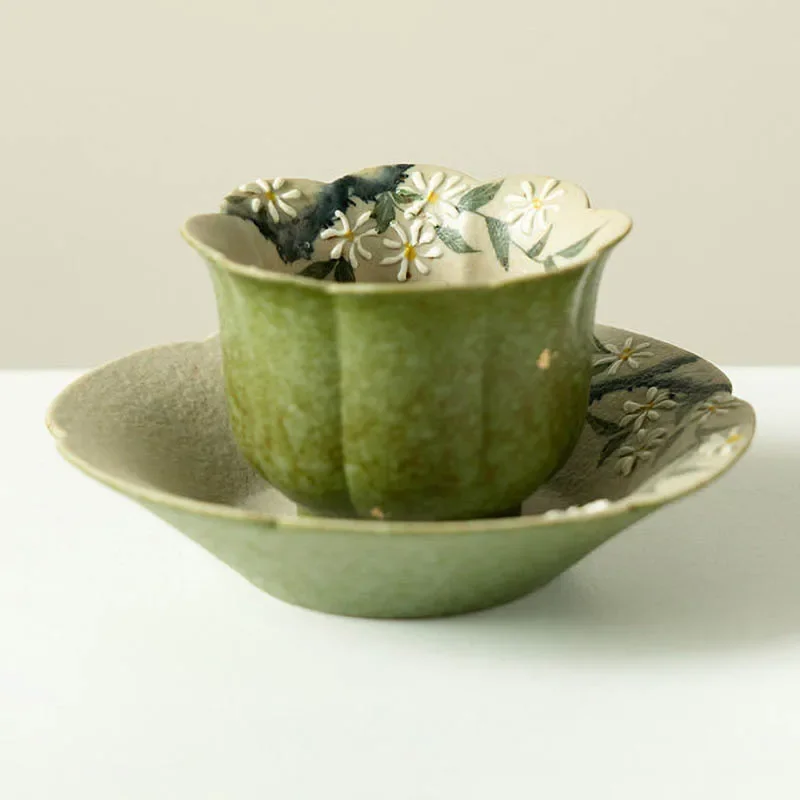 Chinese Minimalist Style High-Temperature Firing Ceramics Handicraft Drawing Cup And Saucer Set Thermal Insulation Kitchenware