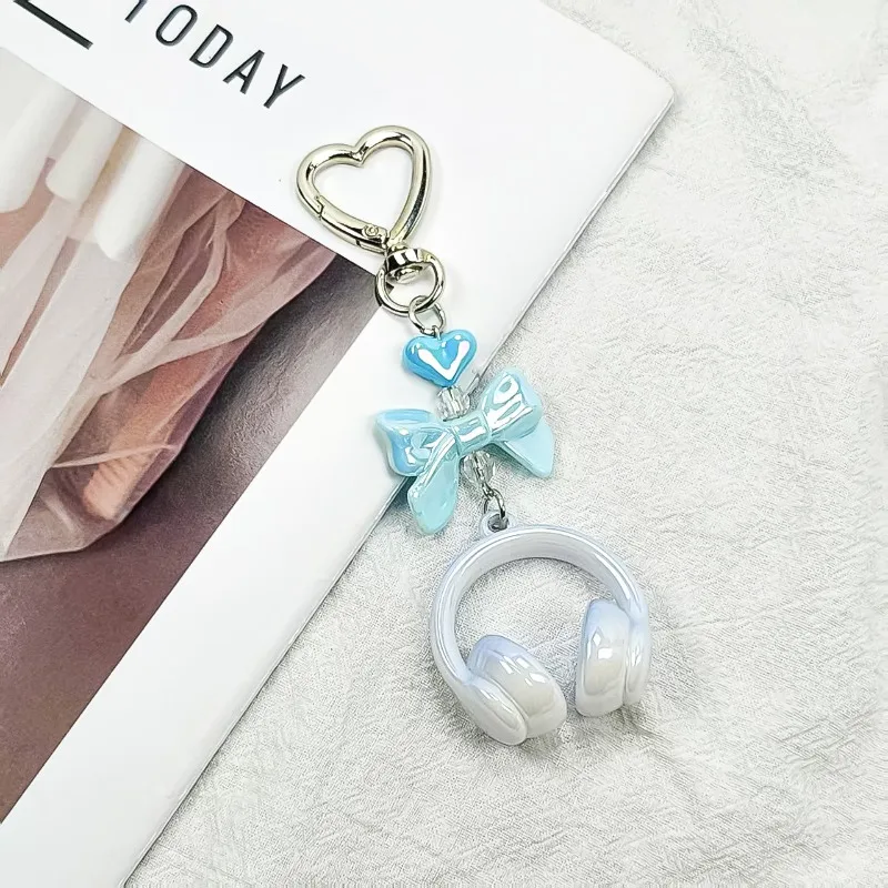 

Y2K Pink Purple Color Music Earphone Beaded Keychain Creative Mini Headset Pendant Keyring Paired Lanyard Key Chain